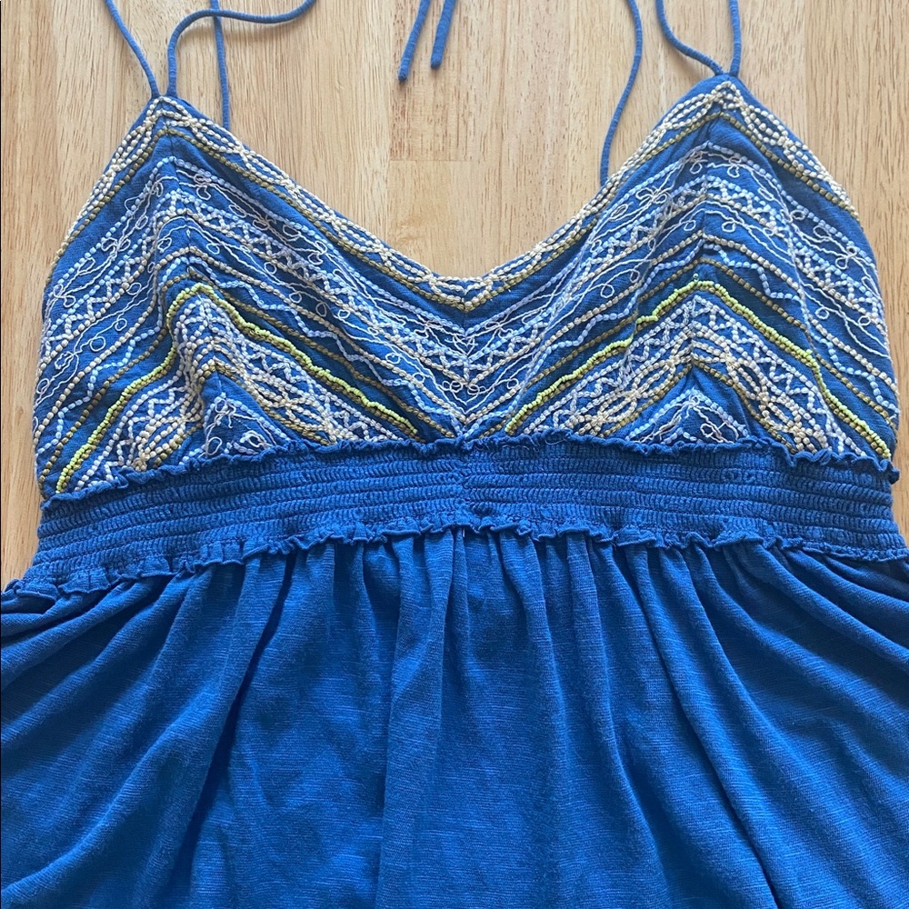 Free People Embroidered Blue Cropped cami Tank Top Babydoll Boho y2k Size L - Picture 2 of 6